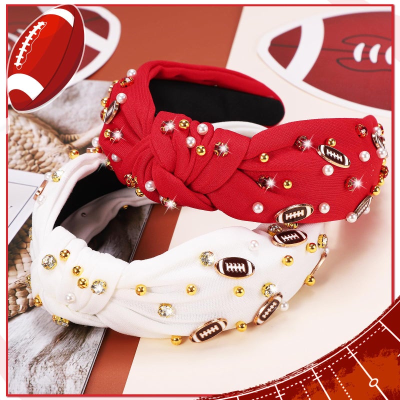 obeoby Football Headband for Women, Knotted Headbands Wide Pearl Rhinestone Hairband Red Hair Accessories for Footballs Mom Fans Gifts - Image 3